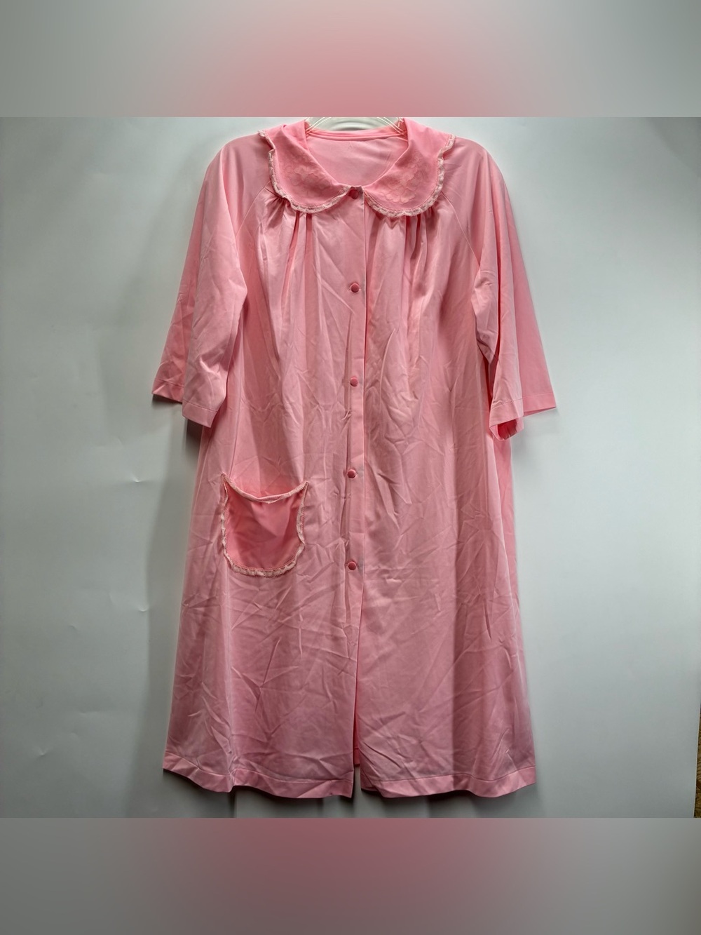50s Shadowline Medium All Nylon Pink Lace Peter Pan Collar House Coat Dress